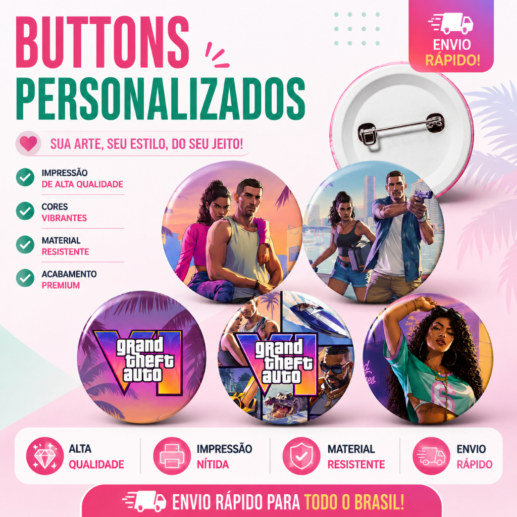 Kit 5 Bottons GTA 6/VI 3,2cm 4,5cm Botão Broche Pin Colecionável Gamer