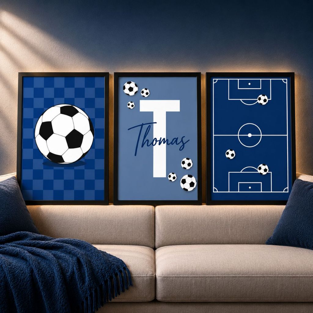 Kit 3 Quadros Futebol Infantil Personalizado Com Nome Moldura e vidro QuartoInfantil Bola campo Decoração moderna