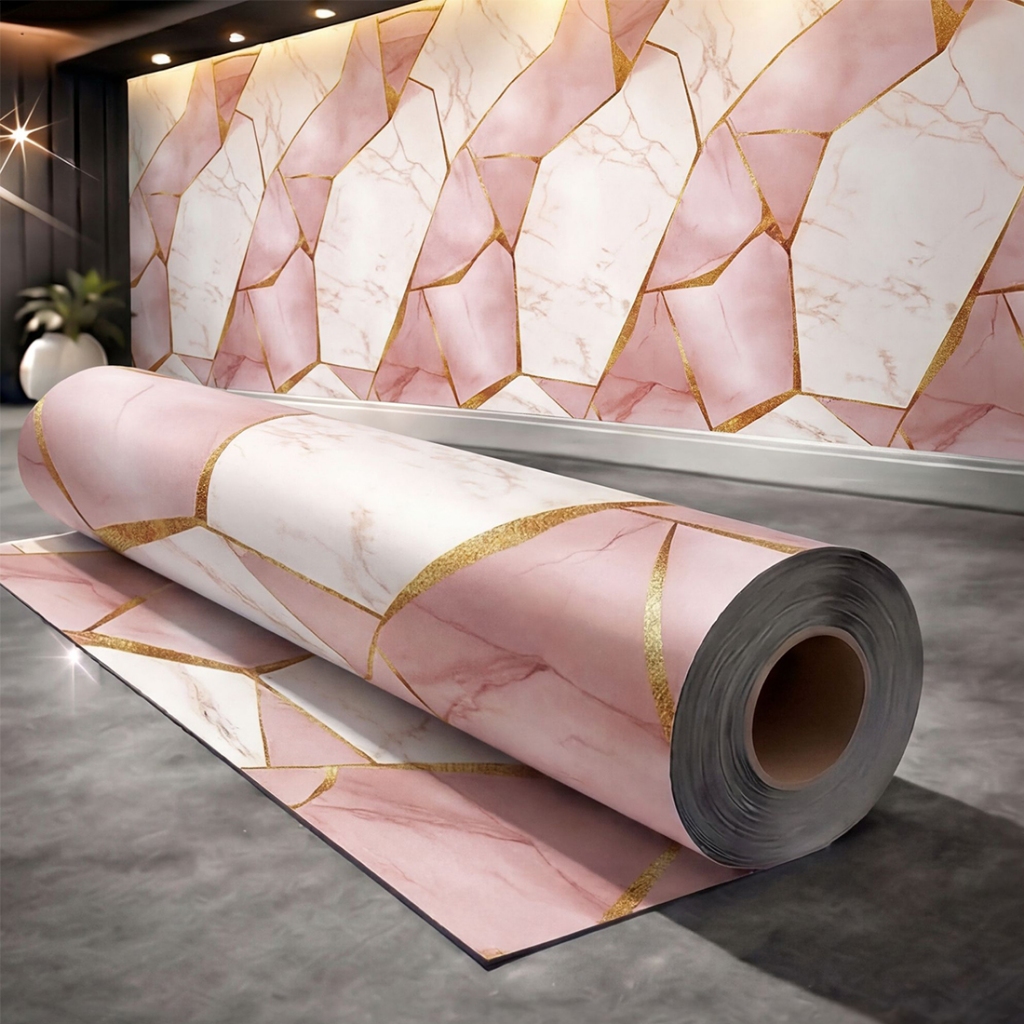 Papel de Parede Adesivo Marmorizado Geométrico Rosa Luxo para Quarto Loja