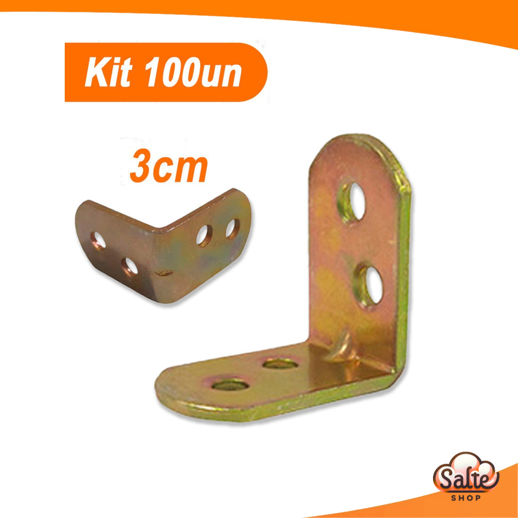 Kit 100 Cantoneiras Bicromatizada 30MM Em L Para Moveis 3x3cm Para Fixação Apoios