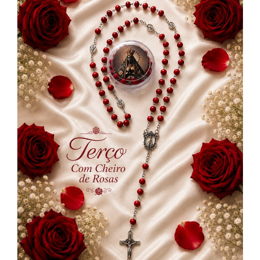 Terço de Nossa Senhora Aparecida Vermelho com Caixinha medalha nos mistérios perfume cheiro de rosa