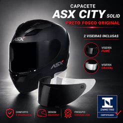 CAPACETE ASX CITY SOLID PRETO FOSCO + VISEIRA FUMÊ ORIGINAL FECHADO MODELO ESPORTIVO INMETRO