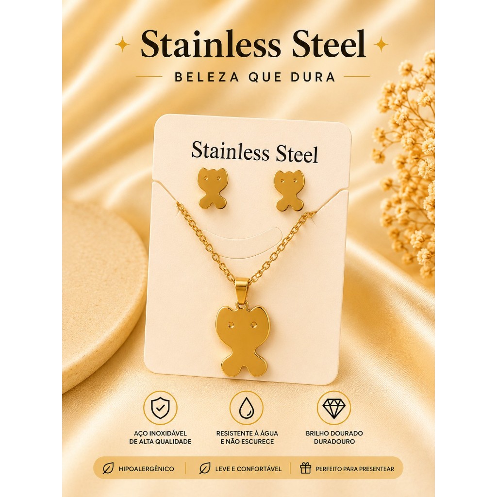 Conjunto Colar e Brincos Gatinho Dourado Aço Inoxidável Feminino Antialérgico