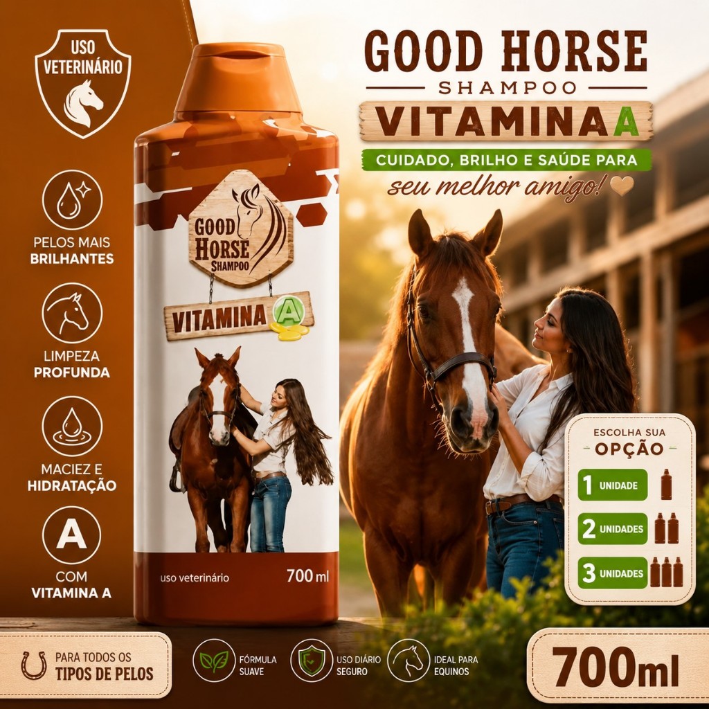 Shampoo Horse 1, 2 ou 3 Unidades Para Cavalo Vitamina A 700ml Original Força Brilho