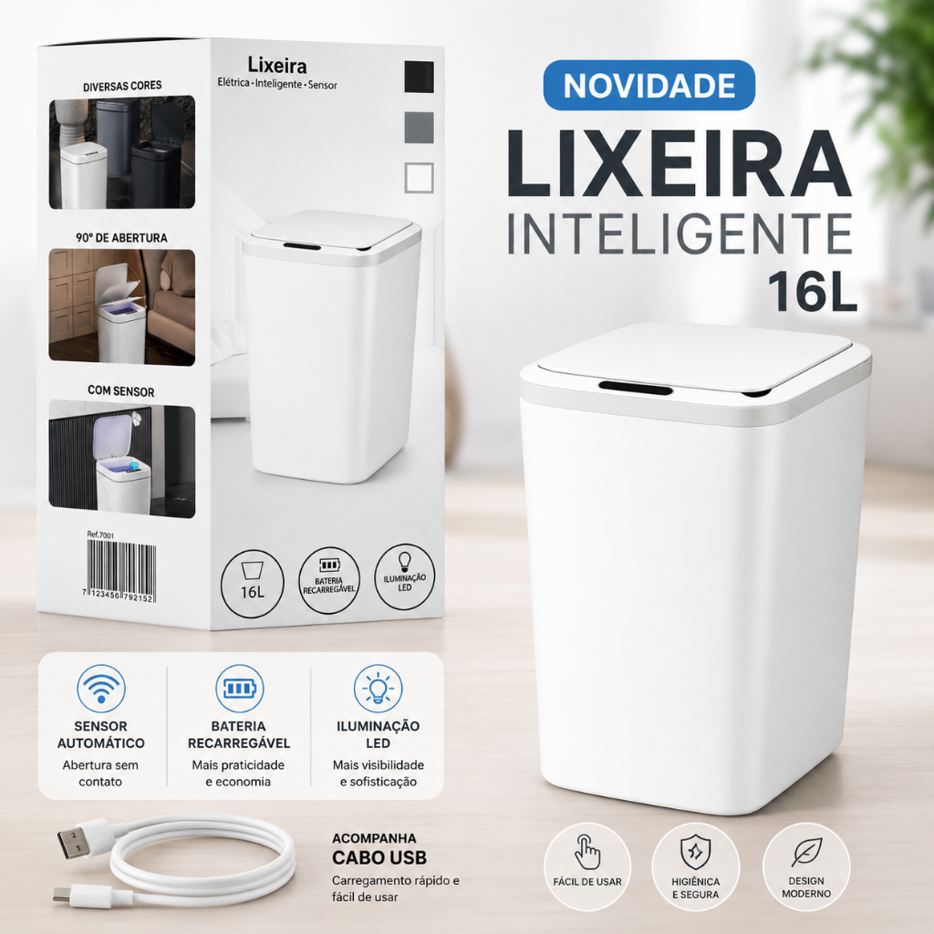 Lixeira Inteligente Capacidade 16L Recarregável Automático Com Sensor Na Tampa Para Sala Cozinha Escritório
