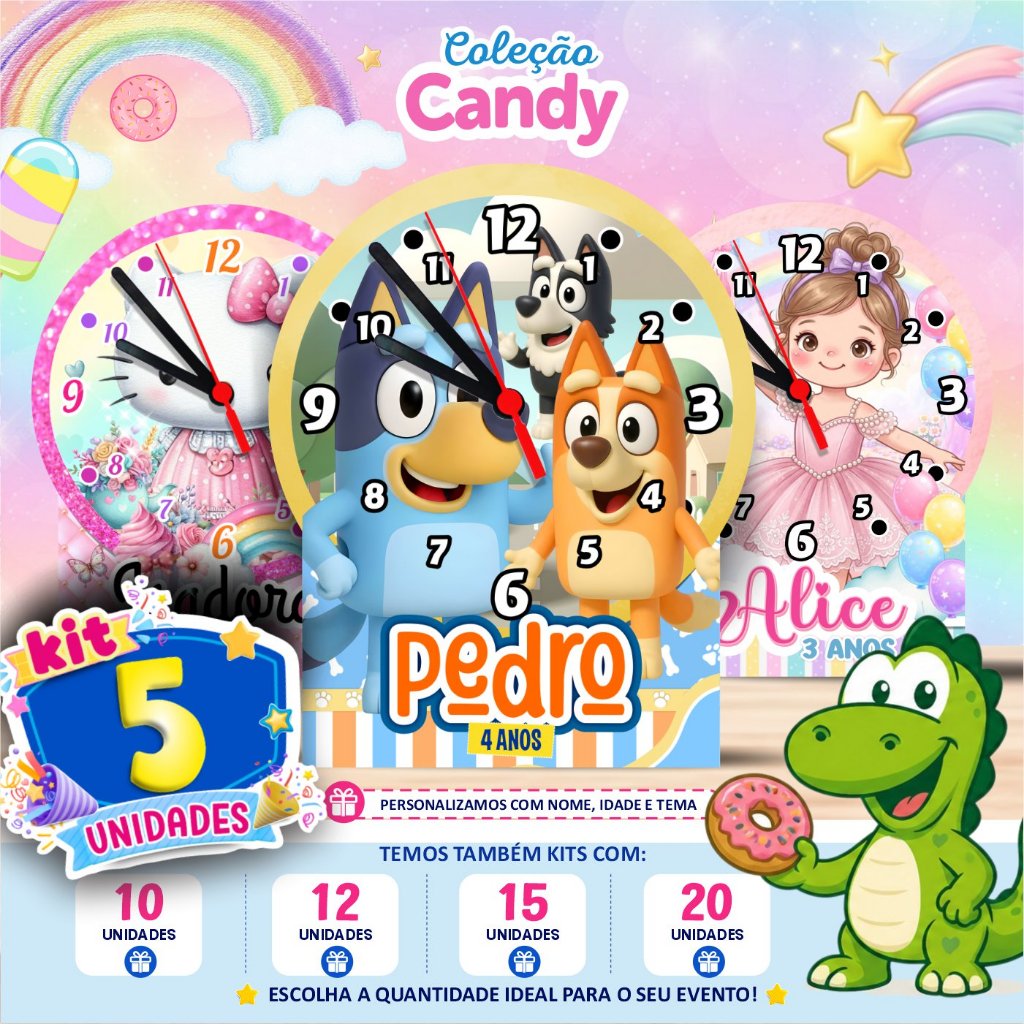 Relógio de mesa Bluey, Looney Tunes, Hello Kitty, Bailarina - Personalizado para Festa Infantil | Coleção Candy