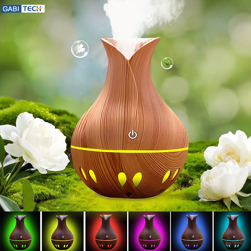 Umidificador De Ar E Difusor Elétrico Ultrassonico USB Madeira Purificador De Aromas Com Luz LED