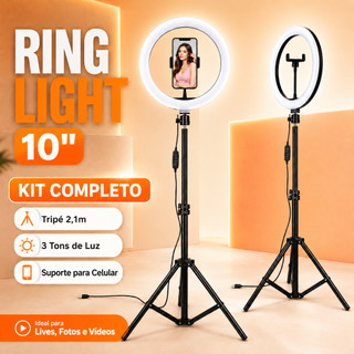 Ring Light 10 Polegadas 26cm com Tripé 2,10m Suporte para Celular 3 Tons de Luz USB para Lives Fotos e Vídeos