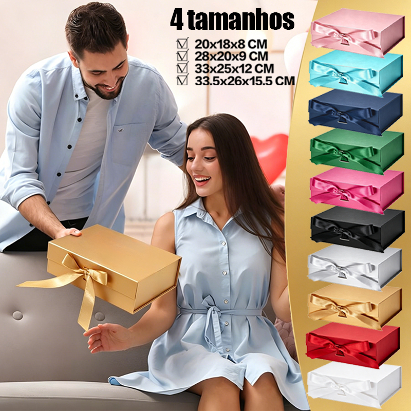 Caixa rígida / cartonada dobrável com fecho magnético e fita de cetim para presente-4 tamanhos