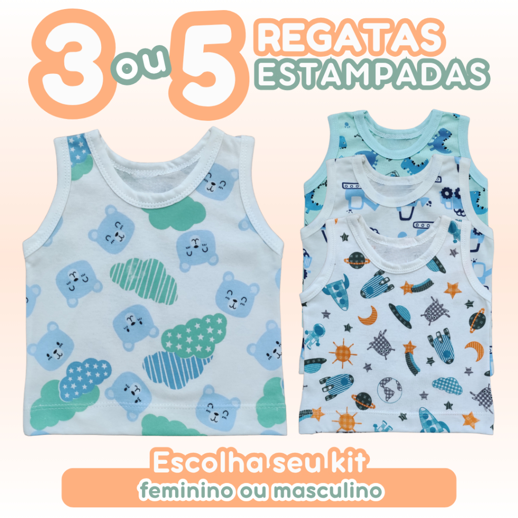 Kit 3 ou 5 Regatas Bebê Algodão Blusa Baby Malha Estampada 100% Algodão Leve Verão Calor Masculina Feminina Zuraffa Baby