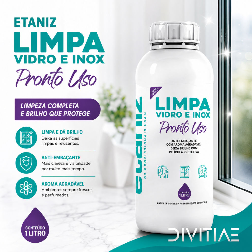 Limpa Vidros e Inox Etaniz Removedor De Manchas Vidros Automotivos Espelhos Vitrines 1L