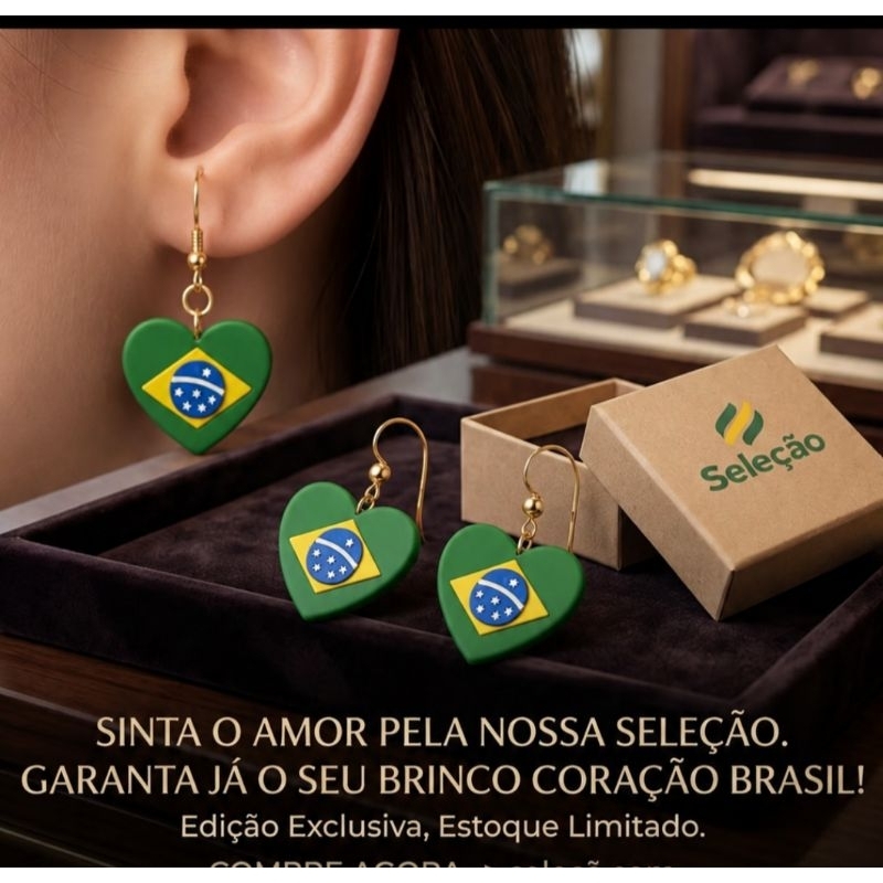Brinco Feminino Coração Bandeira do Brasil Copa do Mundo Torcida Seleção Brasileira AcessórioFutebol