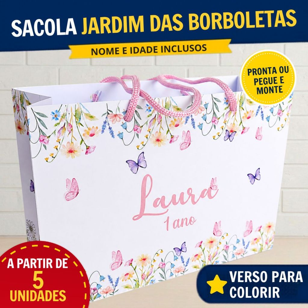 Kit Sacola Surpresa Jardim Encantado das Borboletas Personalizada | Lembrancinha Festa Aniversário