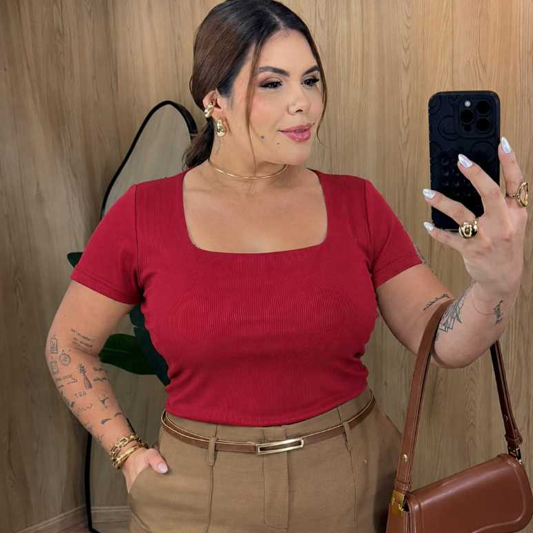 Blusa Plus Size GG Gola Quadrada Ribana Canelada Forrada Feminina 46 ao 52 Confortável Elegante Canelada Moda Casual