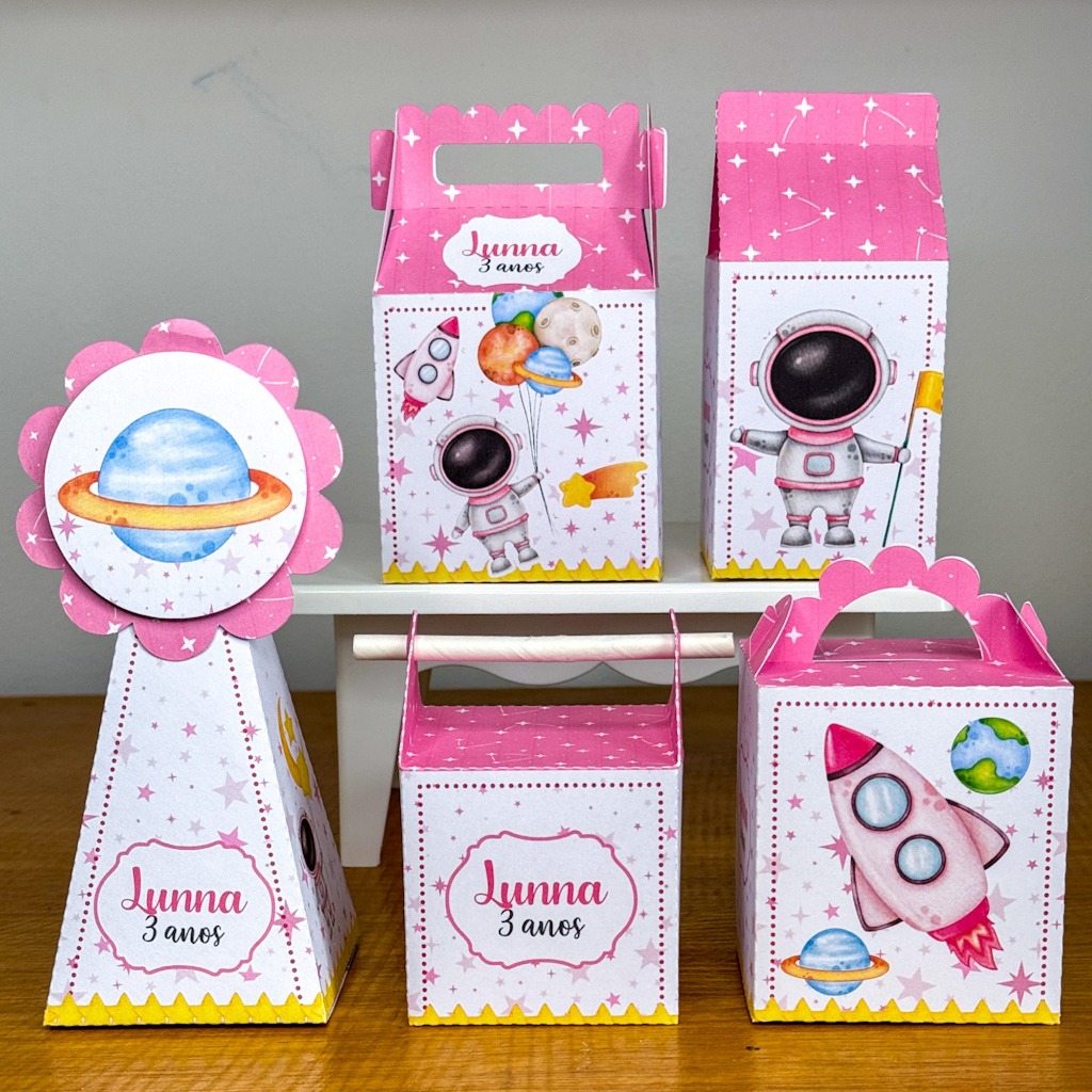 🚀 Kit  Caixinhas Personalizadas Astronauta Festa Infantil Lembrancinha Menina