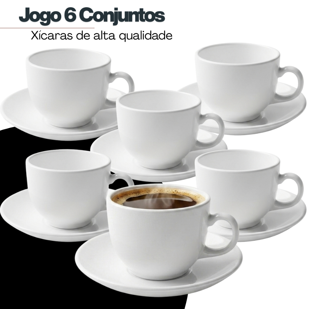 Conjunto 6 Xicara Caneca Lisa Cha Cafe Leite  250ml  c/Pires Chicara Decoracao Cozinha