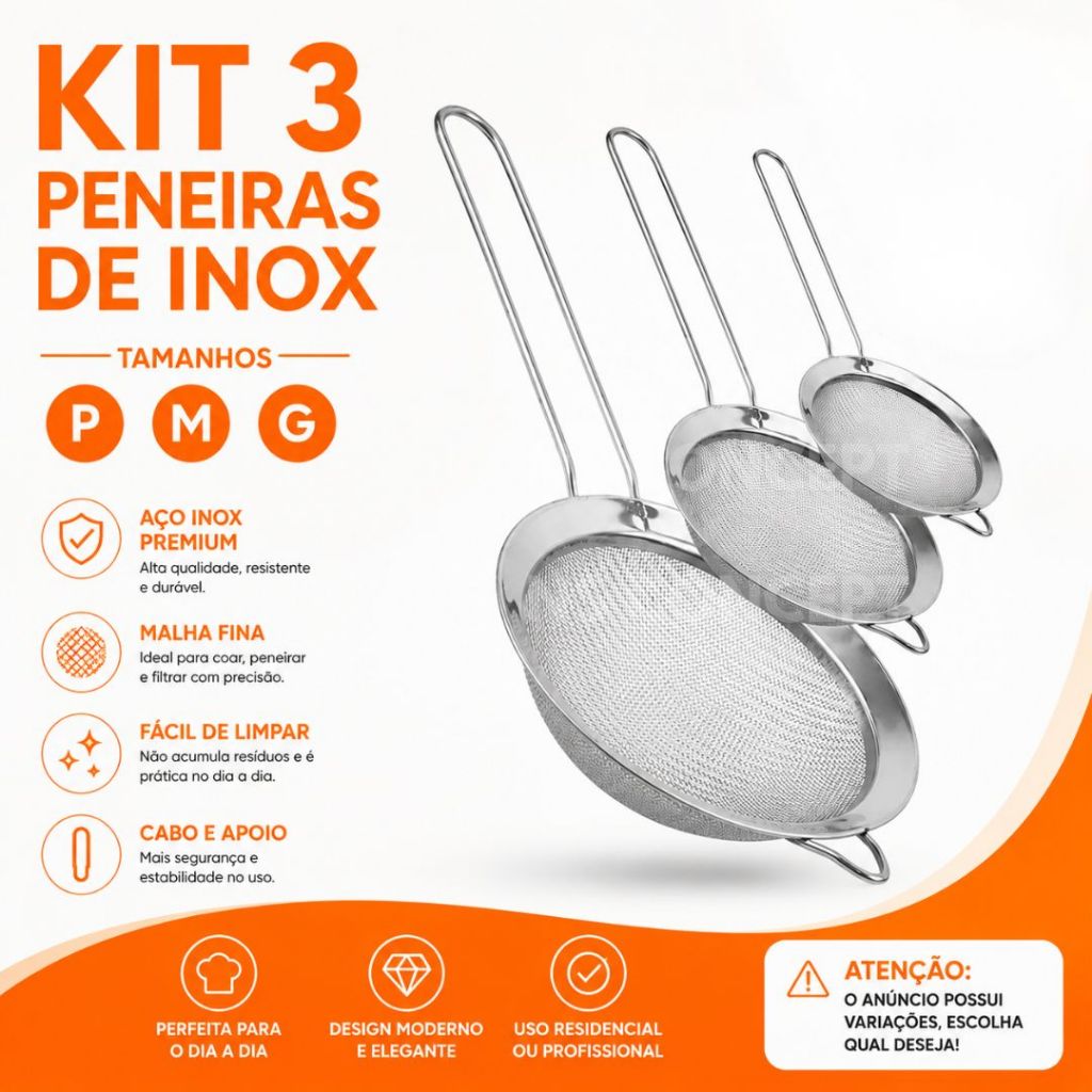 Jogo 3 Peças Peneira Coador Filtro Tela Aço Inox Para Cozinha Kit 3 Tam P M G 12/14/16 Cm