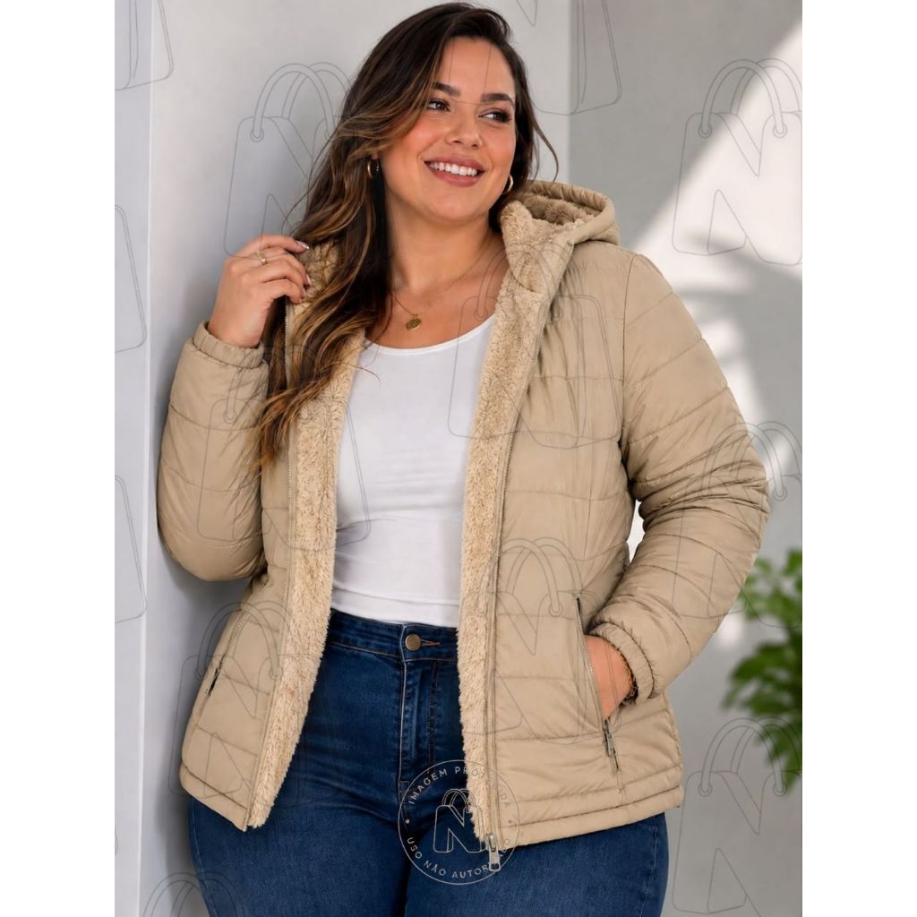 Jaqueta Puffer Feminina Plus Size Térmica Premium Forrada com Pelinhos e Capuz