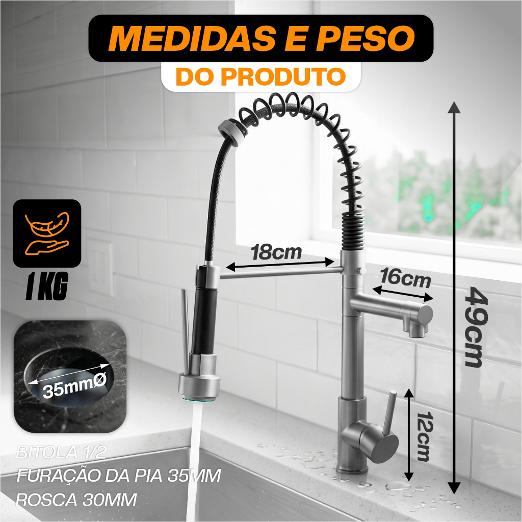 Torneira Premium Pia Cozinha Modelo Com Mola Sofisticada Com Spray Extensor Quente E Fria