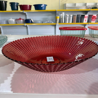 Fruteira de vidro vermelha para cozinha decorativa redonda ondas funda grande Vitazza centro de mesa decorado vermelho