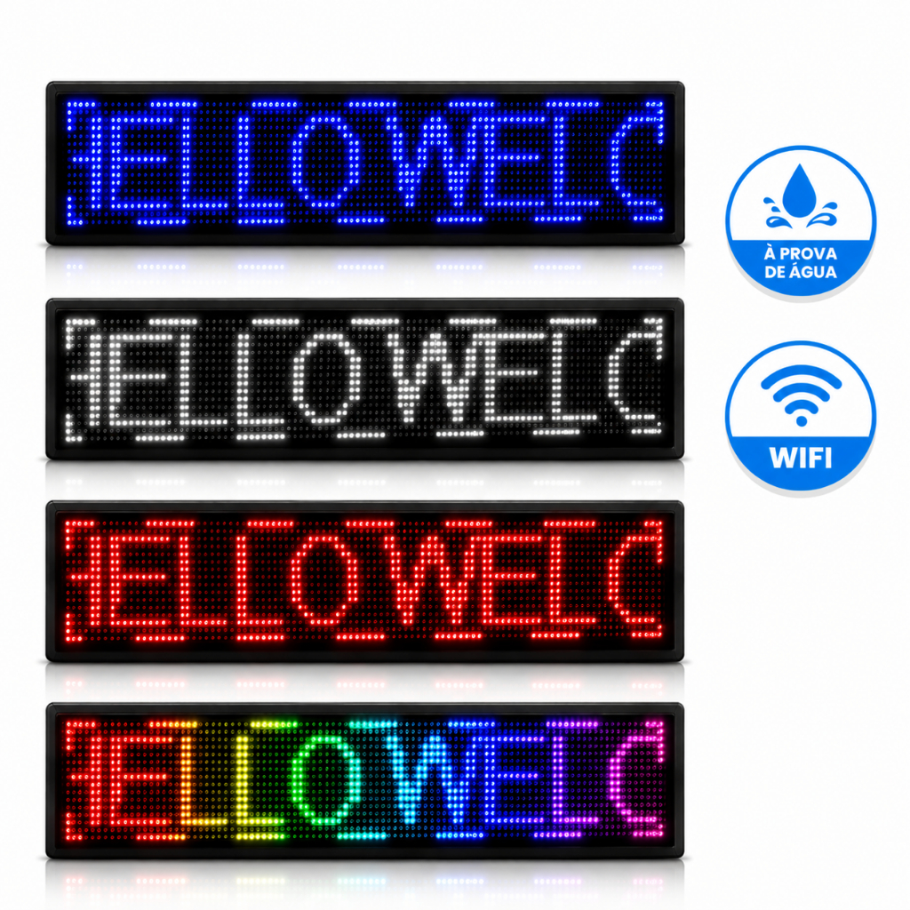 Painel de Led Letreiro P10 100x20cm Outdoor/Externo Wifi/App A Prova d'Água Branco Azul Vermelho RGB