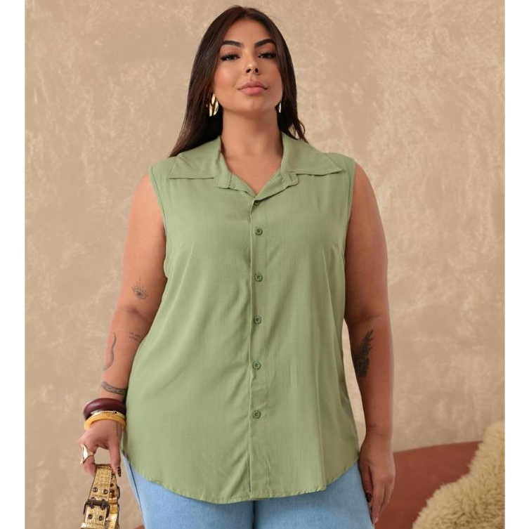 Regata Feminina Plus Size Viscolinho Lisa Elegante e Confortável G1 ao G3 Moda Social