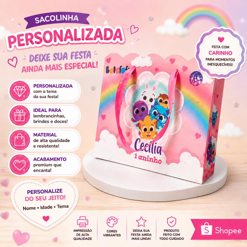 Sacolinhas Personalizadas Festa Bolofofo Rosa