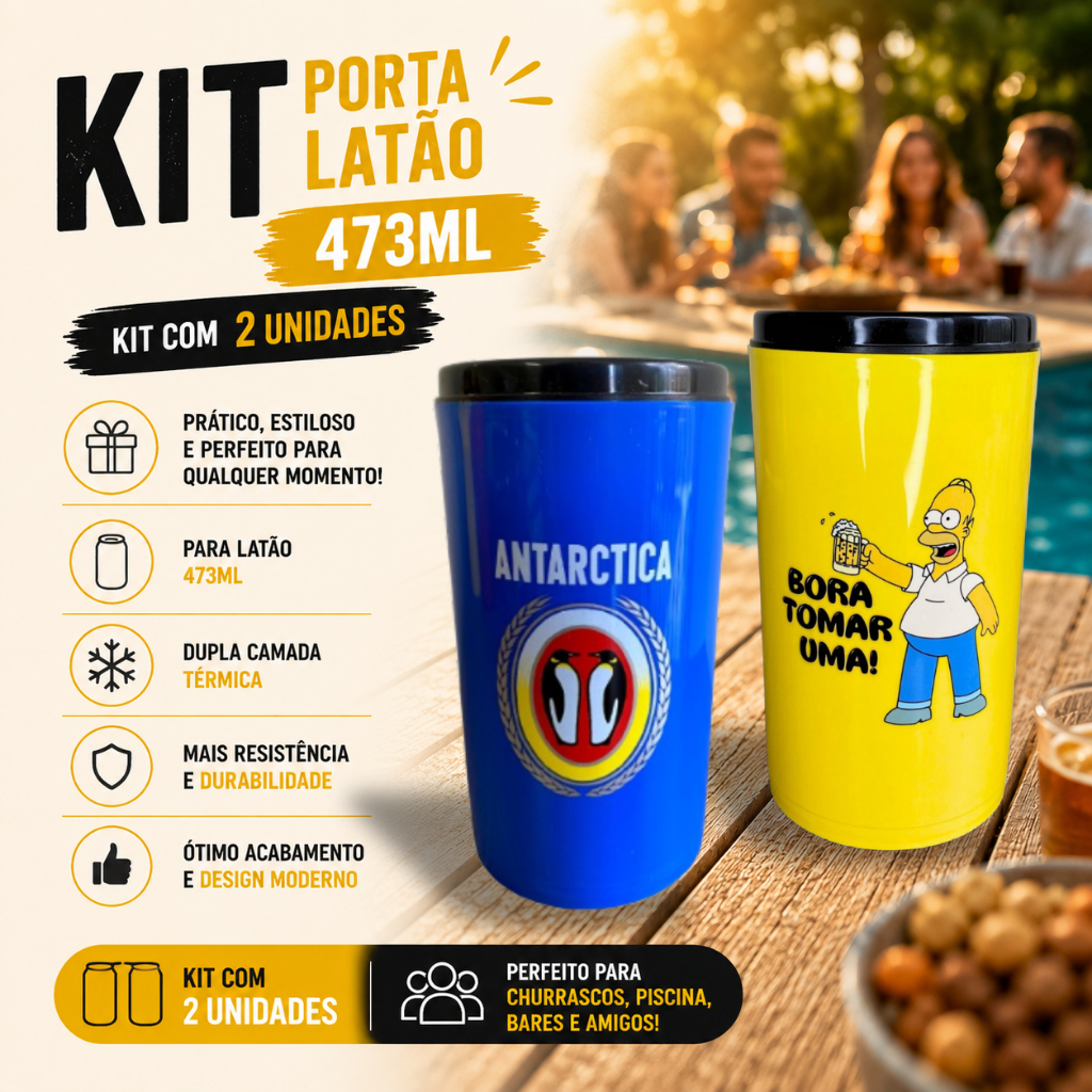 Kit 2 Porta Lata Latão 473ml Suporte Cerveja Térmico Antártica