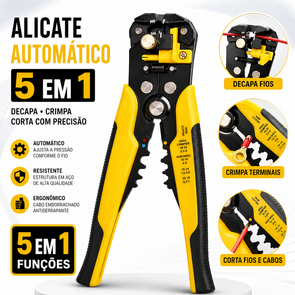 Alicate Automático Decapador Crimpador de Fios 5 em 1 Profissional Multiuso Corta Descasca e Crimpa Cabos