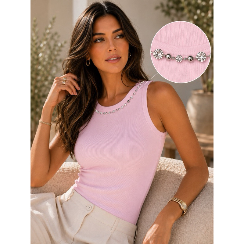 Blusa Regata Rosa Com Pedraria Na Gola Básica Chique Luxo Elegante Premium Feminina Casual Sofisticada