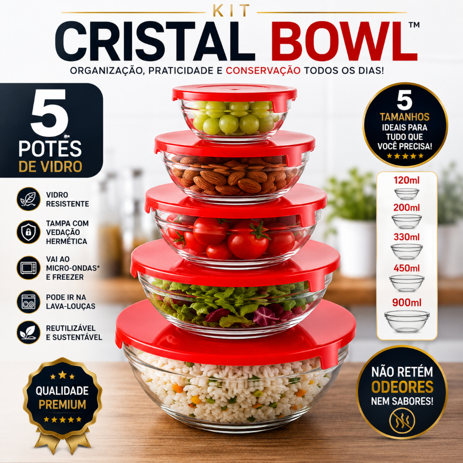 Kit Cristal Bowl™ 5 Potes de Vidro com Tampa Hermética Conjunto 5 Potes