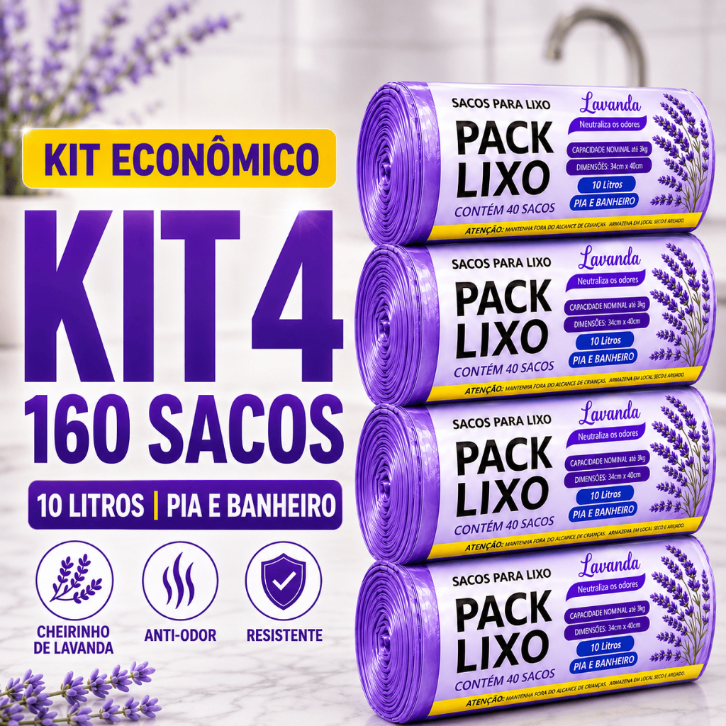 Kit 4 Saco Lixo Perfumado Lavanda 10L 160 Sacos 34x40 Banheiro Pia Reforcado Anti Odor Nao Vaza