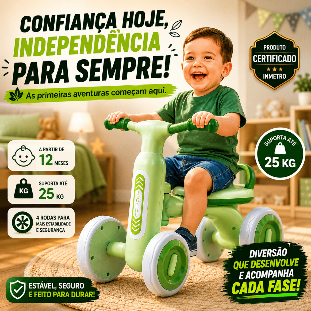 Bicicleta Equilíbrio Bike Infantil 4 Rodas Sem Pedal Luz Bebê 1-3 Anos Motoca Andador Criança Bebê