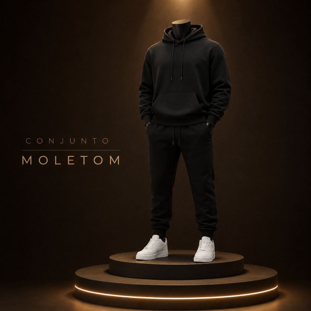 Conjunto Moletom Masculino Canguru com Capuz Calça Jogger Flanelado Inverno Casual Confortável Preto