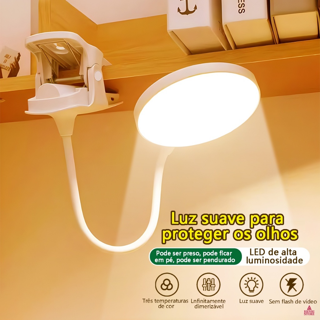 Luminaria De Mesa Abajur LED Portátil Recarregável Com Grampo Dobrável 3 Modos Escurecimento