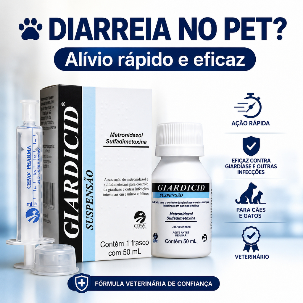 Giardicid Suspensão 50ml Cães Gatos | Auxilia Combate Diarreia | Aplicação Fácil | Uso Veterinário