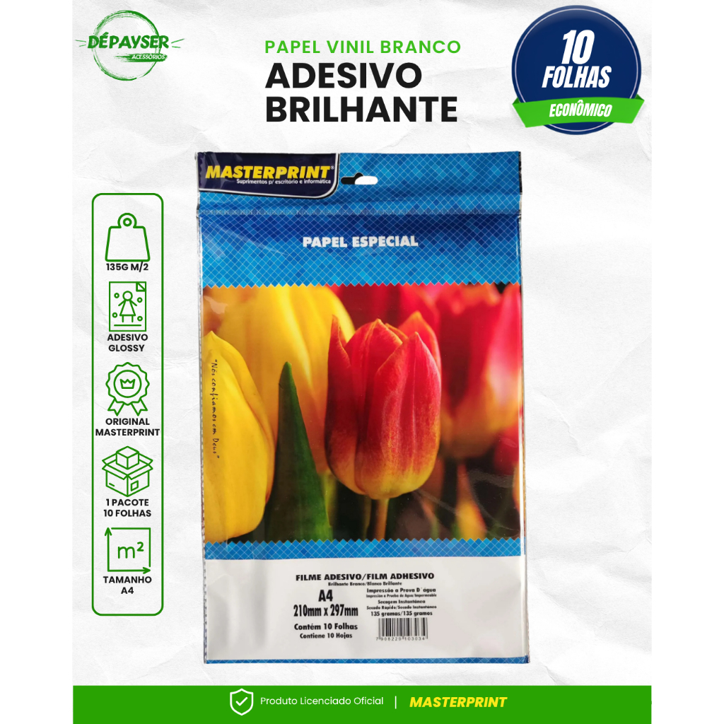 Vinil Adesivo a prova dagua A4 Glossy 135g Branco Brilho Masterprint 10 Folhas Jato de Tinta