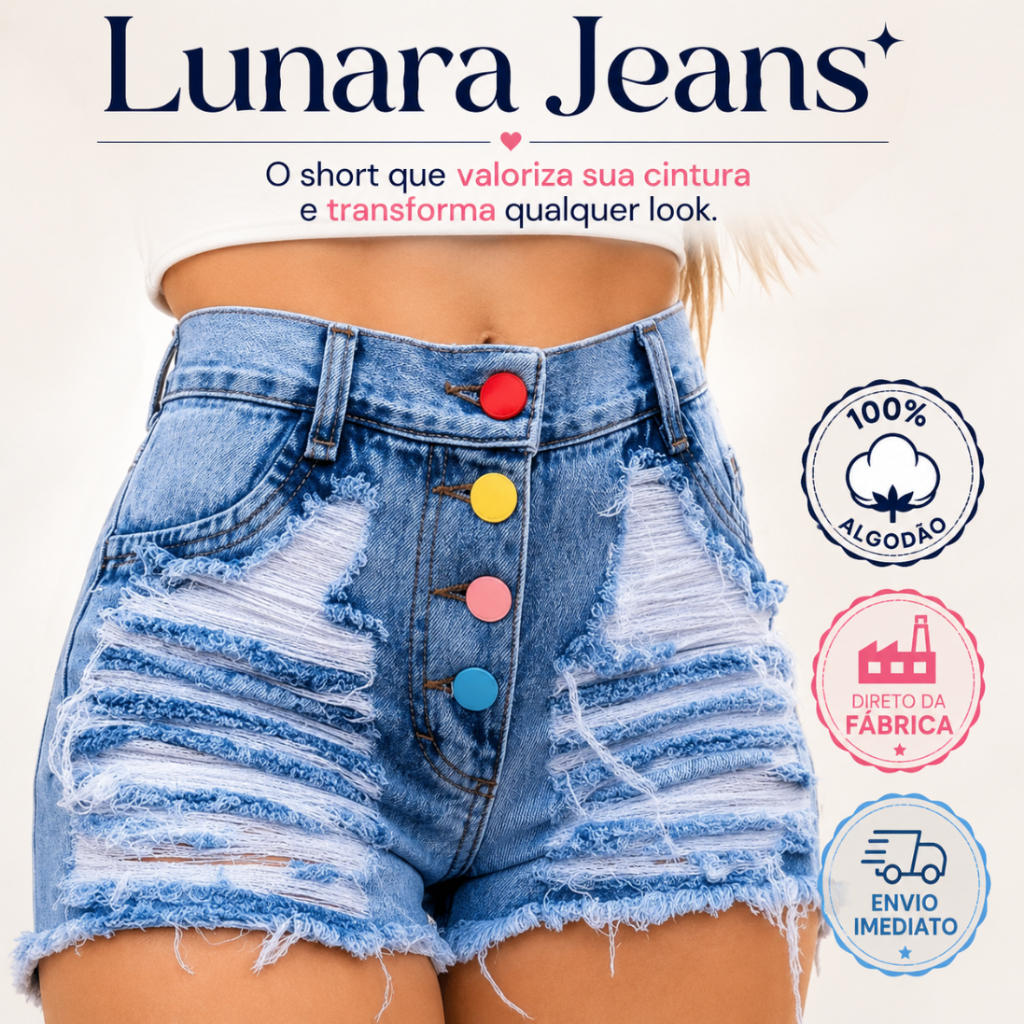 Short Jeans Feminino Cintura Alta Destroyed Botões Coloridos 100% Algodão Moda Verão