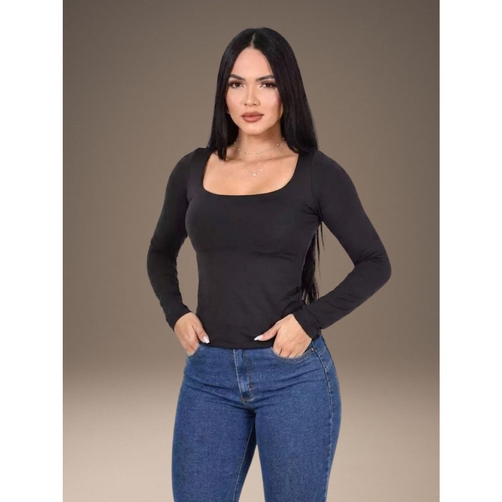 Blusa Manga Longa Feminina Decote Quadrado Slim Modeladora Tendência Moda Blogueira