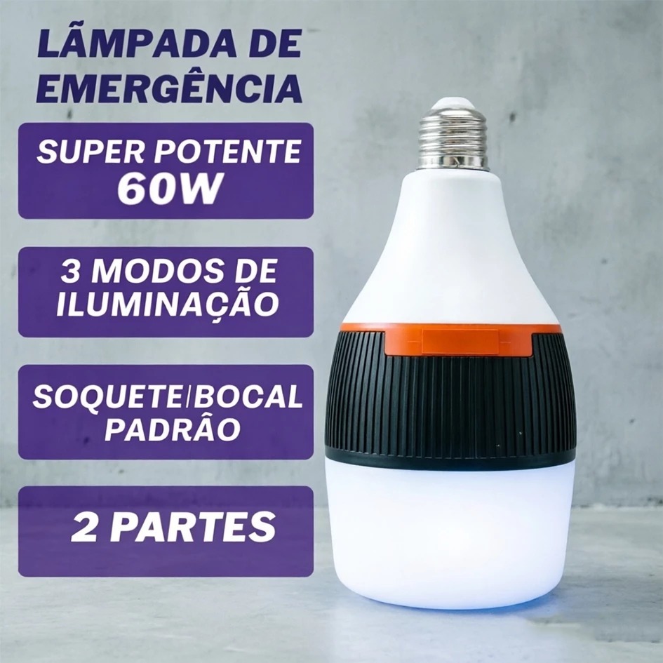 Lâmpada de Emergência LED 60W Bivolt Recarregável, Dura Até 6h Sem Energia, Portátil Para Casa Loja Obra
