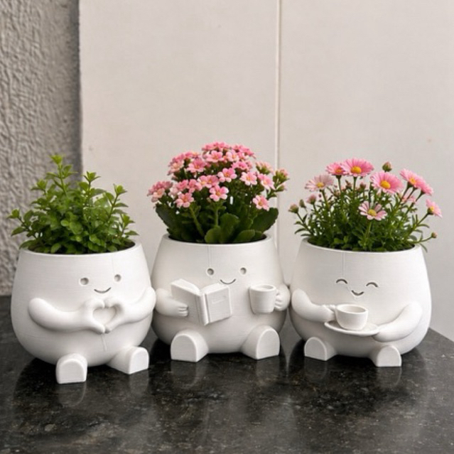 Kit 3 Vasinhos Decorativos com Personagens – 3D | Branco, Preto ou Terracota