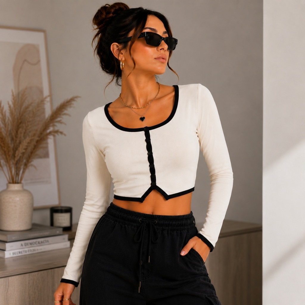Blusa Feminina Estilosa Cropped Manga Longa Com Botões Frontais Malha Canelada Croped Moda Inverno Premium Blusinha