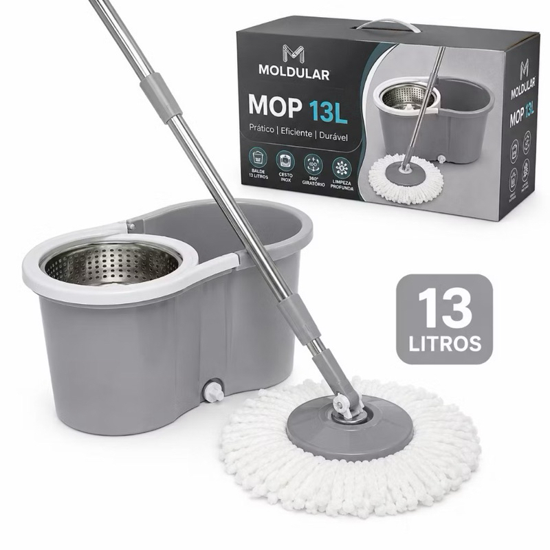 Esfregao MOP Giratorio 13 Litros Com Cesto Inox Rodinhas e Saida de Agua Cabo Regulável de Aço Inox