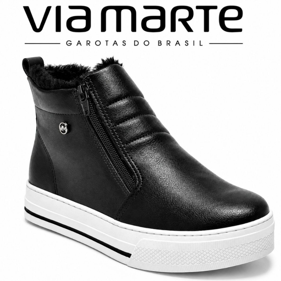 Via Marte Tenis Botinha Pelo Inverno Bota Cano Curto Ziper Original Preto