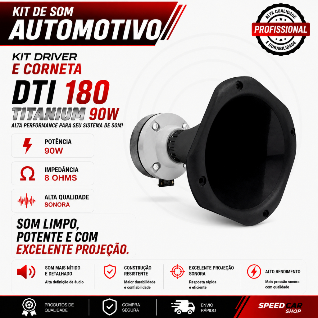 Kit Driver Titanium 90W TI com Corneta Curta e Capacitor para Som Automotivo e Caixa de Som