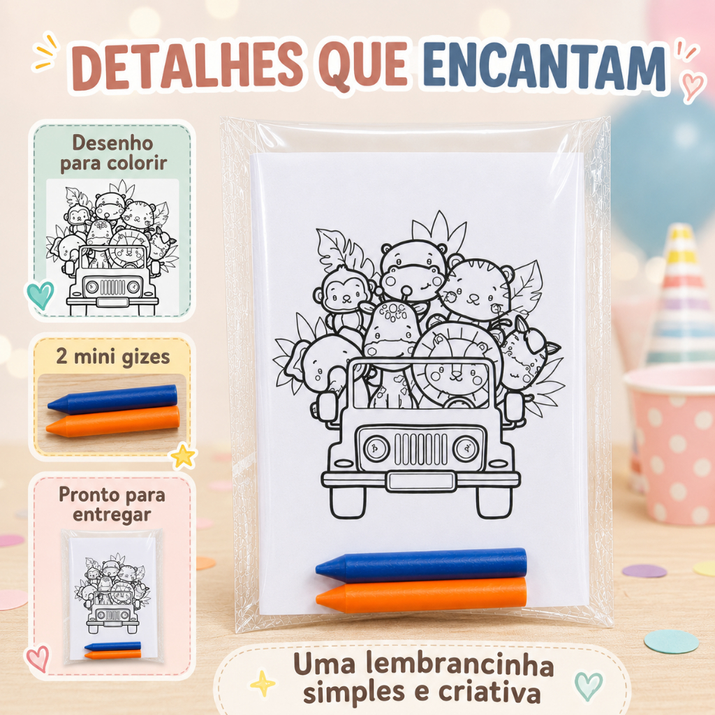 Kit Lembrancinhas de Colorir Personalizadas Safari, Tema à Escolha – Festa Infantil, Lembrancinha Aniversário