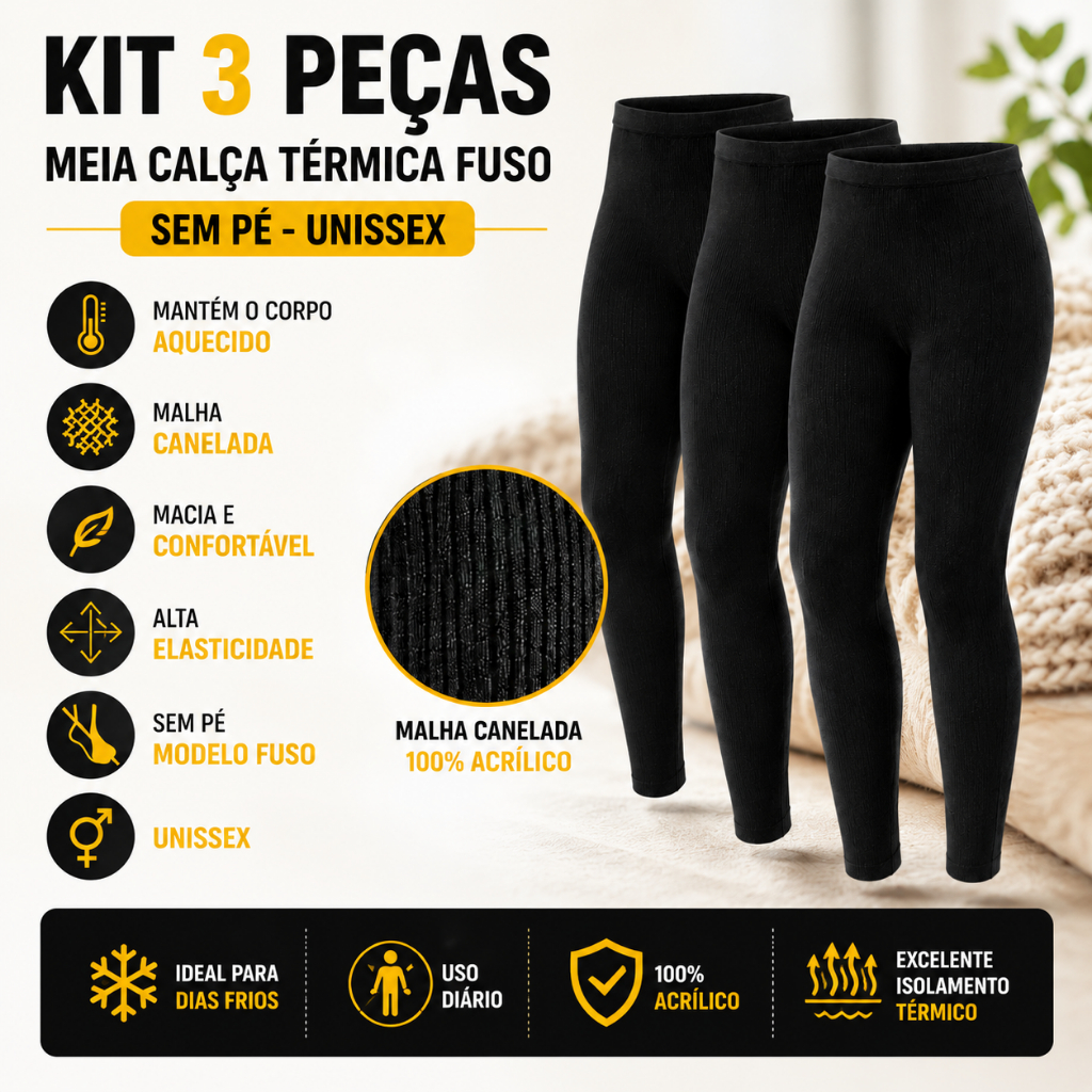 Kit 3 Meia Calça Térmica Lã Acrílica Legging Fuso Sem Pé Unissex Inverno Canelada Segunda Pele Preta