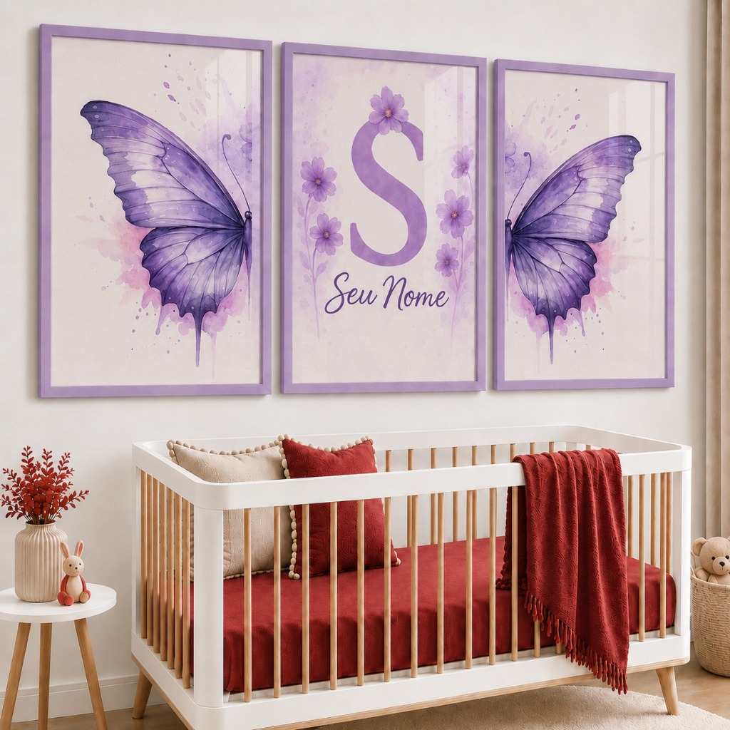 Kit 3 Quadros Decorativos Infantis Personalizados com Nome e Inicial Borboleta Lilás Aquarela Premium para Quarto de Men