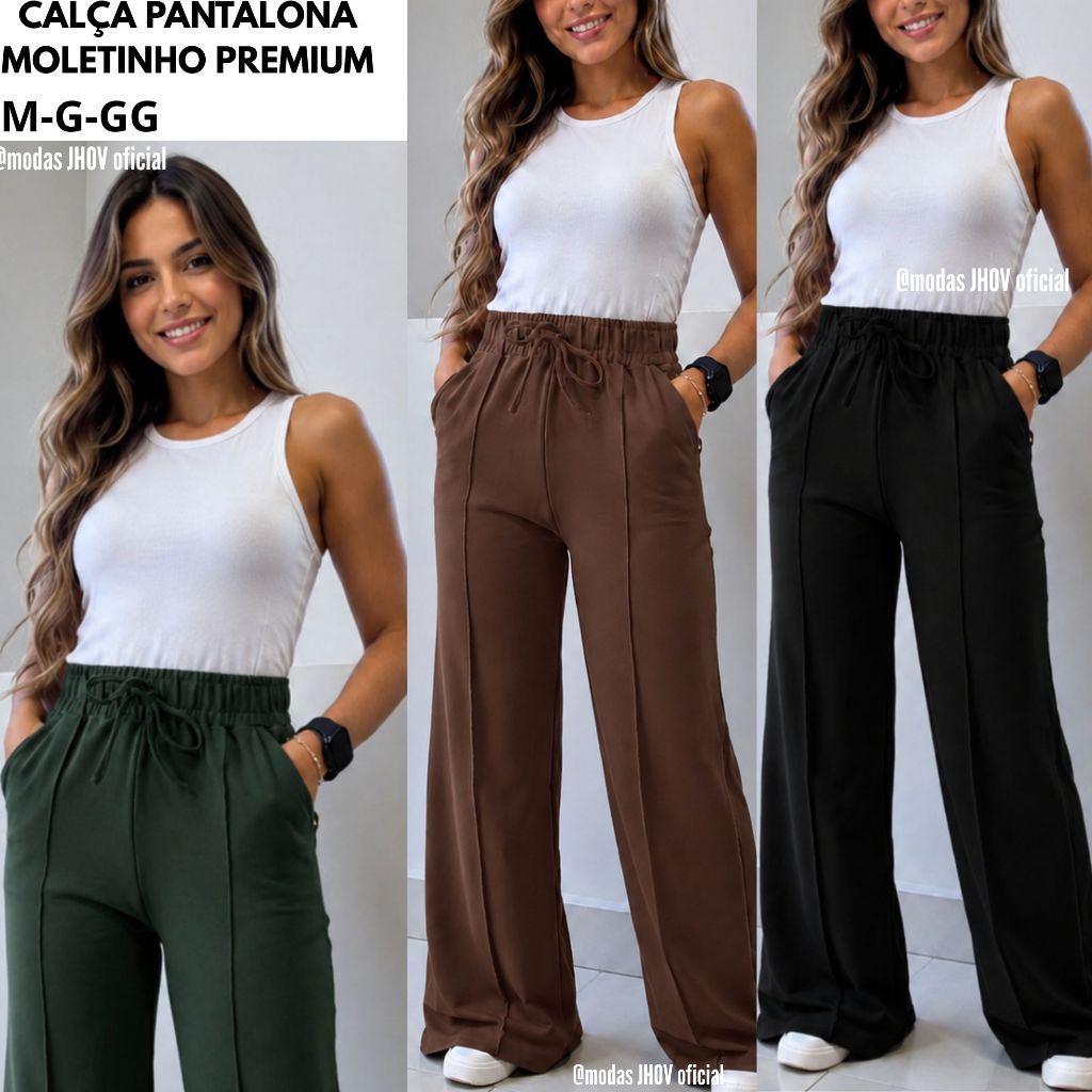 Calça Moletinho Pantalona Com Bolso Amplo Comfortavel
