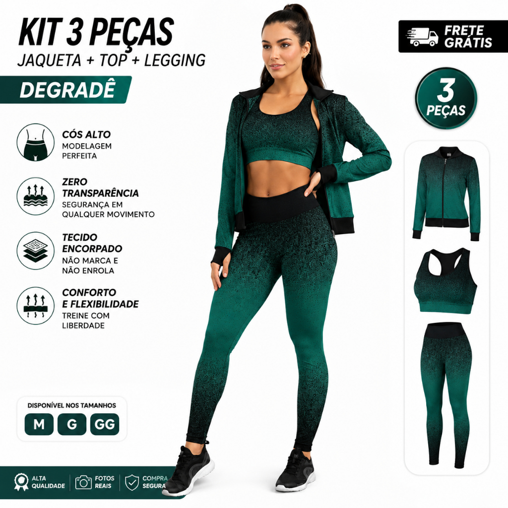 TRIO DEGRADE LEGGING TOP BOMBER CONJUNTO ACADEMIA FITNESS